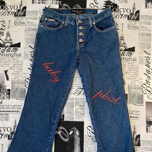 Baby Phat Women's dark wash y2k vintage mcbling glittery graphic flared jeans